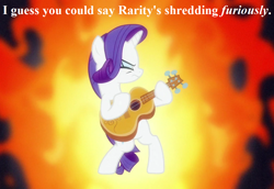 Size: 1044x720 | Tagged: safe, edit, edited screencap, screencap, character:rarity, episode:honest apple, g4, my little pony: friendship is magic, angry, cropped, fire, frustrated, guitar, guitarity, musical instrument, pun, text
