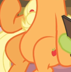Size: 238x244 | Tagged: safe, edit, edited screencap, screencap, character:applejack, species:pony, episode:apple family reunion, g4, my little pony: friendship is magic, belly, cropped, female, pictures of bellies, sitting, solo