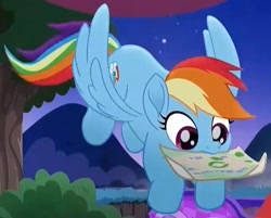 Size: 711x572 | Tagged: safe, edit, screencap, character:rainbow dash, friendship is magic: rainbow roadtrip, g4, my little pony: friendship is magic, cropped, cute, dashabetes, flying, mouth hold