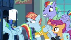 Size: 1280x720 | Tagged: safe, edit, edited screencap, screencap, character:bow hothoof, character:rainbow dash, character:scootaloo, character:windy whistles, species:pegasus, species:pony, episode:parental glideance, g4, my little pony: friendship is magic, animated, female, filthy frank, it's time to stop, male, mare, sound, stallion, webm