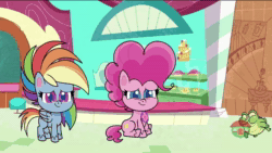 Size: 1920x1080 | Tagged: safe, edit, edited screencap, screencap, character:gummy, character:pinkie pie, character:rainbow dash, species:earth pony, species:pegasus, species:pony, my little pony:pony life, spoiler:pony life s01e07, alligator, animated, cake, female, food, implied vomit, jojo's bizarre adventure, mare, pie, roundabout, sitting, sound, surprised, the trail less trotten, to be continued, to be continued (meme), webm
