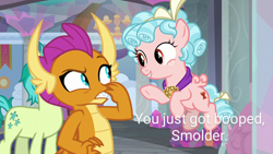 Size: 1280x720 | Tagged: safe, edit, edited screencap, screencap, character:cozy glow, character:sandbar, character:smolder, species:dragon, species:pegasus, species:pony, episode:school raze, g4, my little pony: friendship is magic, background character, duo focus, female, filly, foal, hand on face, rubbing nose, text, text edit