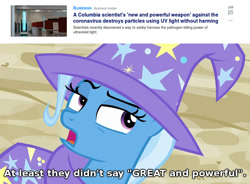 Size: 980x723 | Tagged: safe, edit, edited screencap, screencap, character:trixie, episode:to where and back again, g4, my little pony: friendship is magic, cape, clothing, coronavirus, eyeroll, great and powerful, hat, text, trixie's cape, trixie's hat