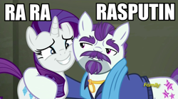 Size: 900x505 | Tagged: safe, edit, edited screencap, screencap, character:mr. stripes, character:rarity, episode:the saddle row review, g4, my little pony: friendship is magic, boney m, caption, discovery family logo, duo, image macro, rarara, rasputin, song reference, text