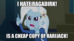 Size: 1280x714 | Tagged: safe, edit, edited screencap, screencap, character:trixie, equestria girls:rainbow rocks, g4, my little pony: equestria girls, my little pony:equestria girls, caption, image macro, implied dirk thistleweed, implied gay, implied lesbian, implied ragamuffin, implied rarijack, implied shipping, mouthpiece, op is a duck, op is trying to start shit so badly that it's kinda funny, text