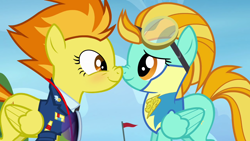 Size: 1280x720 | Tagged: safe, edit, edited screencap, screencap, character:lightning dust, character:spitfire, species:pegasus, species:pony, episode:wonderbolts academy, blushing, boop, clothing, duo, eye contact, face to face, female, goggles, lead pony, lead pony badge, looking at each other, mare, nose to nose, nose wrinkle, noseboop, scrunchy face, smiling, standing, uniform, wonderbolt trainee uniform