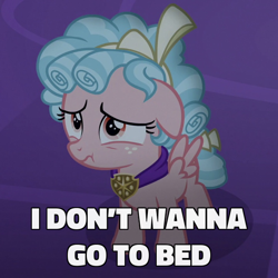 Size: 600x600 | Tagged: safe, edit, edited screencap, screencap, character:chancellor neighsay, character:cozy glow, episode:school raze, g4, my little pony: friendship is magic, bed time, bedtime, bow, caption, cozybetes, cute, dialogue, displeased, female, filly, floppy ears, foal, image macro, meme, night, pouting, sad, sadorable, school of friendship, text