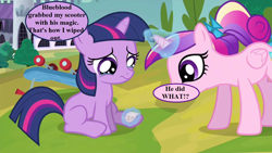 Size: 1280x720 | Tagged: safe, edit, edited screencap, screencap, character:princess cadance, character:twilight sparkle, episode:a canterlot wedding, g4, my little pony: friendship is magic, bandaid, bow, canterlot, crying, dialogue, female, filly, filly twilight sparkle, implied blueblood, magic, magic aura, scooter, speech bubble, tail bow, younger