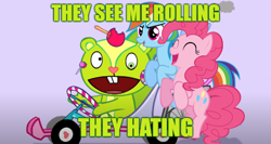Size: 486x259 | Tagged: safe, edit, edited screencap, screencap, character:pinkie pie, character:rainbow dash, species:earth pony, species:pegasus, species:pony, beaver, car, crossover, female, funny, happy tree friends, htf, male, mare, meme, mlp htf, nutty, they see me rollin', this will end in death, this will end in pain, this will end in tears, this will end in tears and/or death, this will not end well, vechicle, xk-class end-of-the-world scenario