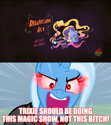 Size: 1920x2160 | Tagged: safe, edit, edited screencap, screencap, character:rarity, character:trixie, episode:disappearing act, episode:magic duel, g4, g4.5, my little pony: friendship is magic, my little pony: pony life, my little pony:pony life, spoiler:pony life s01e12, alicorn amulet, angry, caption, glowing eyes, image macro, magician rarity, text, vulgar