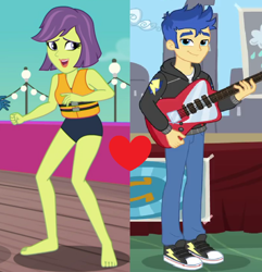 Size: 808x838 | Tagged: safe, edit, edited screencap, screencap, character:flash sentry, character:victoria, ship:flashtoria, episode:best trends forever, equestria girls:spring breakdown, g4, my little pony: equestria girls, my little pony:equestria girls, barefoot, clothing, converse, electric guitar, feet, female, guitar, lifejacket, male, musical instrument, shipping, shipping domino, shoes, straight, swimsuit, victoria