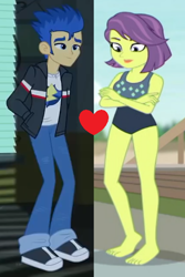 Size: 424x634 | Tagged: safe, edit, edited screencap, screencap, character:flash sentry, character:victoria, ship:flashtoria, episode:x marks the spot, equestria girls:equestria girls, g4, my little pony: equestria girls, my little pony:equestria girls, barefoot, clothing, feet, female, male, shipping, shipping domino, straight, swimsuit, victoria