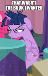 Size: 500x795 | Tagged: safe, edit, edited screencap, screencap, character:twilight sparkle, character:twilight sparkle (alicorn), species:alicorn, species:pony, caption, cropped, crossed hooves, female, image macro, mare, meme, messy mane, narrowed eyes, pouting, sitting, solo, text