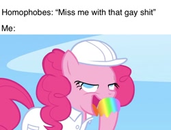 Size: 750x569 | Tagged: safe, edit, edited screencap, screencap, character:pinkie pie, species:earth pony, species:pony, episode:sonic rainboom, g4, my little pony: friendship is magic, female, hard hat, hat, hoof licking, implied gay, licking, liquid rainbow, mare, meme, open mouth, rainbow, solo, tongue out, vulgar, weather factory uniform