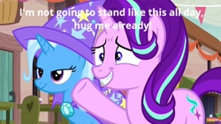 Size: 640x360 | Tagged: safe, edit, edited screencap, screencap, character:starlight glimmer, character:trixie, species:pony, species:unicorn, episode:to where and back again, g4, my little pony: friendship is magic, cute, duo, glimmerbetes, grin, hug request, nervous, nervous grin, our town, raised hoof, smiling