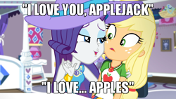Size: 640x360 | Tagged: safe, edit, edited screencap, screencap, character:applejack, character:rarity, ship:rarijack, episode:camping must-haves, g4, my little pony: equestria girls, my little pony:equestria girls, spoiler:eqg series (season 2), apple, best friends, caption, female, i love you, image macro, lesbian, meme, rarity's bedroom, shipping, text, that 70s show, that pony sure does love apples