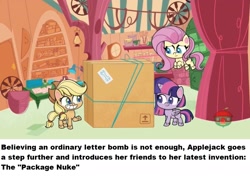Size: 1248x880 | Tagged: safe, edit, edited screencap, screencap, character:applejack, character:fluttershy, character:twilight sparkle, species:alicorn, species:earth pony, species:pegasus, species:pony, episode:badge of shame, g4.5, my little pony: pony life, my little pony:pony life, spoiler:pony life s01e13, female, implied bomb, implied nuke, mare, package, ponestrip