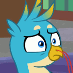 Size: 150x150 | Tagged: safe, edit, edited screencap, screencap, character:gallus, species:griffon, animated, blood, cropped, excited, gif, gross, male, nosebleed, reaction image, shocked, shocked expression, shrunken pupils, solo, surprised, wide eyes