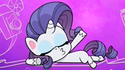Size: 739x416 | Tagged: safe, edit, screencap, character:rarity, episode:badge of shame, g4.5, my little pony: pony life, my little pony:pony life, spoiler:pony life s01e13, animation error, eyes closed, eyeshadow, makeup, missing cutie mark, pose