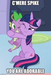 Size: 500x731 | Tagged: safe, edit, edited screencap, screencap, character:spike, character:twilight sparkle, character:twilight sparkle (alicorn), species:alicorn, species:dragon, species:pony, episode:the ending of the end, g4, my little pony: friendship is magic, caption, cheek squish, cropped, cute, duo, female, hug, image macro, male, mama twilight, mare, meme, sitting, spikabetes, spikelove, squishy cheeks, text, twiabetes, winged spike