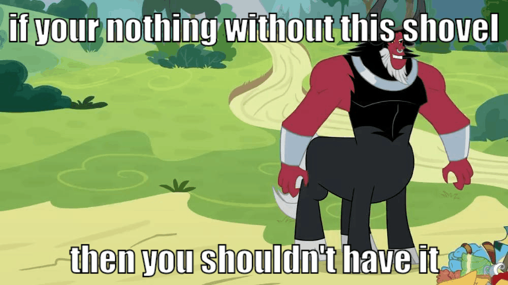 Size: 1000x562 | Tagged: safe, edit, edited screencap, screencap, character:lord tirek, character:rockhoof, species:centaur, species:earth pony, species:pony, episode:the ending of the end, g4, my little pony: friendship is magic, animated, bracer, broken, caption, cloven hooves, colored hooves, gif, grammar error, image macro, male, marvel, mouth hold, nose piercing, nose ring, piercing, rockhoof's shovel, shattered, shovel, stallion, text, tony stark