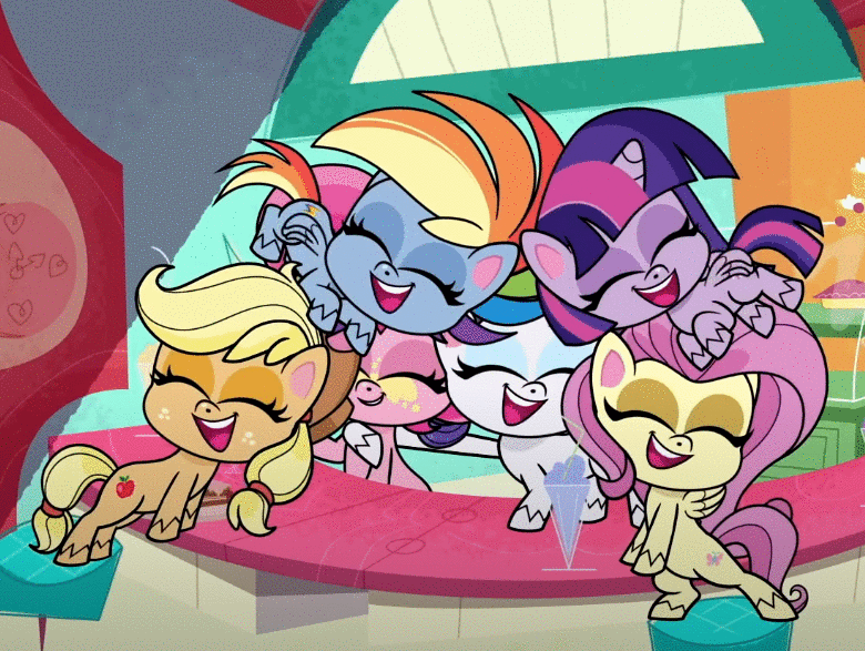 Size: 780x587 | Tagged: safe, edit, edited screencap, screencap, character:applejack, character:fluttershy, character:pinkie pie, character:rainbow dash, character:rarity, character:twilight sparkle, species:alicorn, species:earth pony, species:pegasus, species:pony, species:unicorn, episode:bad thing no. 3, g4.5, my little pony: pony life, my little pony:pony life, spoiler:pony life s01e05, animated, bipedal, blinking, group hug, hug, sugarcube corner, terrifying, what has science done, wide eyes