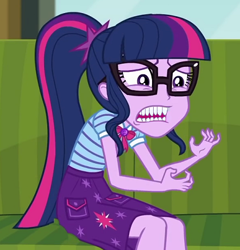 Size: 442x460 | Tagged: safe, edit, edited screencap, screencap, character:twilight sparkle, character:twilight sparkle (scitwi), species:eqg human, episode:text support, g4, my little pony: equestria girls, my little pony:equestria girls, creepy, cropped, glasses, open mouth, teeth, text support: sunset shimmer, wat