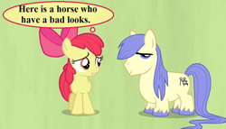 Size: 1036x592 | Tagged: safe, edit, edited screencap, screencap, character:apple bloom, character:shortround, episode:hearts and hooves day, g4, my little pony: friendship is magic, bow, cropped, english as she is spoke: a jest in sober earnest, engrish, mane bow, simple background, the perfect stallion, thought bubble