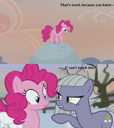 Size: 1280x1440 | Tagged: safe, edit, edited screencap, screencap, character:limestone pie, character:pinkie pie, episode:hearthbreakers, g4, my little pony: friendship is magic, angry, holder's boulder, lyrics, mc hammer, rock farm, song reference, text, tree, u can't touch this