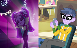 Size: 1736x1080 | Tagged: safe, edit, edited screencap, screencap, character:aria blaze, character:bright idea, character:microchips, character:nolan north, character:wiz kid, ship:ariachips, episode:find the magic, equestria girls:equestria girls, g4, my little pony: equestria girls, my little pony:equestria girls, spoiler:eqg series (season 2), bright idea, cellphone, chair, cropped, female, food, french fries, light, male, nolan north, offscreen character, phone, pose, shipping, shipping domino, straight, wiz kid