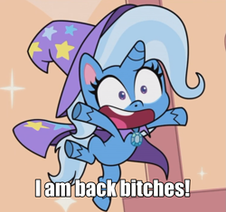 Size: 1147x1079 | Tagged: safe, edit, screencap, character:trixie, species:pony, species:unicorn, episode:friendship gems, g4.5, my little pony: pony life, my little pony:pony life, spoiler:pony life s01e17, cape, caption, clothing, cropped, cute, diatrixes, dragonball z abridged, female, hat, image macro, mare, reference, solo, team four star, text, text edit, vegeta, vulgar