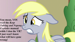 Size: 1280x720 | Tagged: safe, edit, edited screencap, screencap, character:derpy hooves, episode:triple threat, g4, my little pony: friendship is magic, floppy ears, keep talking and nobody explodes, offscreen character, speech, talking