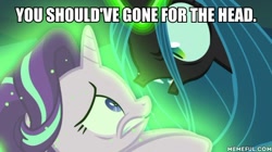 Size: 600x337 | Tagged: safe, edit, edited screencap, screencap, character:queen chrysalis, character:starlight glimmer, episode:to where and back again, g4, my little pony: friendship is magic, avengers: infinity war, caption, image macro, text, thanos