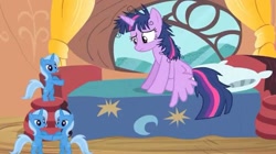 Size: 739x415 | Tagged: safe, edit, edited screencap, screencap, character:trixie, character:twilight sparkle, character:twilight sparkle (alicorn), species:alicorn, species:pony, episode:inspiration manifestation, g4, my little pony: friendship is magic, bed, bedroom, bipedal, golden oaks library, messy mane, pillow