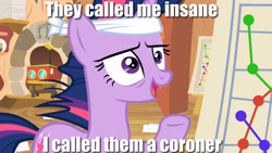 Size: 1920x1080 | Tagged: safe, edit, edited screencap, screencap, character:twilight sparkle, episode:it's about time, g4, my little pony: friendship is magic, caption, female, golden oaks library, image macro, implied murder, meme, solid sparkle, solo, text, twilight gone mad