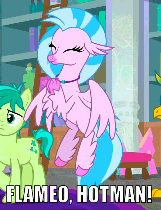 Size: 530x692 | Tagged: safe, edit, edited screencap, screencap, character:gallus, character:sandbar, character:silverstream, species:classical hippogriff, species:griffon, species:hippogriff, species:pony, episode:school raze, g4, my little pony: friendship is magic, aang, animated, avatar silverstream, avatar the last airbender, caption, clapping, colored hooves, cropped, cute, diastreamies, female, flying, gif, image macro, loop, male, meme, text