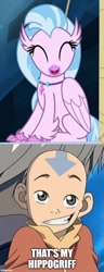 Size: 500x1297 | Tagged: safe, edit, edited screencap, screencap, character:silverstream, species:classical hippogriff, species:hippogriff, episode:school daze, g4, my little pony: friendship is magic, aang, avatar silverstream, avatar the last airbender, meme, smiling, that's my x