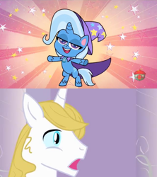 Size: 1280x1440 | Tagged: safe, edit, screencap, character:prince blueblood, character:trixie, species:pony, species:unicorn, ship:bluetrix, episode:friendship gems, g4.5, my little pony: pony life, my little pony:pony life, spoiler:pony life s01e17, aroused, bipedal, cape, clothing, female, hat, male, mare, open mouth, shipping, shipping domino, stars, straight, treehouse logo