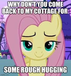 Size: 500x535 | Tagged: safe, edit, edited screencap, screencap, character:fluttershy, species:pegasus, species:pony, episode:flutter brutter, g4, my little pony: friendship is magic, caption, cropped, female, image macro, imminent sex, lidded eyes, looking at you, painfully innocent fluttershy, solo, text