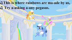 Size: 1280x720 | Tagged: safe, edit, edited screencap, screencap, character:blues, character:merry may, character:noteworthy, species:pegasus, species:pony, episode:greetings from unicornia, episode:sonic rainboom, g3, g4, my little pony: friendship is magic, clothing, cloudsdale, g3 to g4, generation leap, lyrics, pegasus noteworthy, race swap, rainbow, song reference, text, uniform, warm front, weather factory, wish you were here (song)