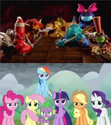 Size: 1920x2168 | Tagged: safe, edit, edited screencap, screencap, character:applejack, character:fluttershy, character:pinkie pie, character:rainbow dash, character:rarity, character:spike, character:twilight sparkle, character:twilight sparkle (alicorn), species:alicorn, species:dragon, species:pony, episode:the ending of the end, g4, my little pony: friendship is magic, chef pepper jack, chompy mage, crossover, doom raiders, dr krankcase, dreamcatcher, golden queen, mane seven, mane six, skylanders, skylanders trap team, the gulper, winged spike, wolfgang