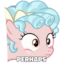 Size: 600x600 | Tagged: safe, edit, edited screencap, screencap, character:cozy glow, species:pegasus, species:pony, episode:what lies beneath, g4, my little pony: friendship is magic, background removed, bow, caption, cozybetes, cute, edited edit, female, filly, foal, hair bow, hair ribbon, image macro, mane bow, mane ribbon, meme, perhaps, simple background, solo, text, transparent background