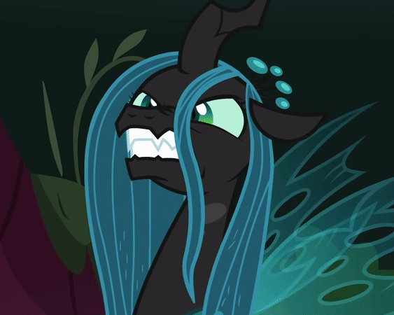 Size: 563x450 | Tagged: safe, edit, edited screencap, screencap, character:queen chrysalis, species:changeling, episode:the mean 6, g4, my little pony: friendship is magic, adoracreepy, angry, animated, changeling queen, creepy, cropped, cute, cutealis, faec, fangs, female, forest, former queen chrysalis, frown, furious, gif, gritted teeth, loop, reaction image, seething, solo, spread wings, standing, wings