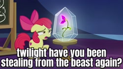 Size: 1920x1080 | Tagged: safe, edit, edited screencap, screencap, character:apple bloom, episode:growing up is hard to do, g4, my little pony: friendship is magic, beauty and the beast, caption, female, flower, image macro, solo, text, wishing flower