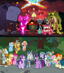 Size: 390x445 | Tagged: safe, edit, edited screencap, screencap, character:applejack, character:flash magnus, character:fluttershy, character:meadowbrook, character:pinkie pie, character:rainbow dash, character:rarity, character:rockhoof, character:somnambula, character:spike, character:star swirl the bearded, character:starlight glimmer, character:stygian, character:sunburst, character:twilight sparkle, character:twilight sparkle (alicorn), species:alicorn, species:earth pony, species:pegasus, species:pony, species:unicorn, episode:shadow play, g4, my little pony: friendship is magic, 8-ball, amorphous shape, angry, bill cipher, destroyed, eaten, eye-bats, flying, gravity falls, hectorgon, keyhole, kryptos, lava lamp shaped demon, looking at someone, paci-fire, pinkie pie is not amused, pyronica, rainbow dash is not amused, rockhoof is not amused, socks (coat marking), somnambula is not amused, spike is not amused, star swirl is not amused, starlight is not amused, sunburst is not amused, teeth, twilight is not amused, unamused, wall of tags, weirdmageddon, xanthar