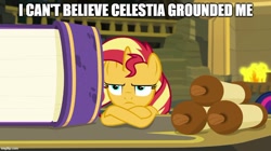 Size: 888x499 | Tagged: safe, edit, edited screencap, screencap, character:sunset shimmer, species:pony, species:unicorn, equestria girls:forgotten friendship, g4, my little pony: equestria girls, my little pony:equestria girls, angry, book, caption, crossed arms, crossed hooves, cute, female, fire, fireplace, grounded, image macro, imgflip, madorable, mare, meme, scroll, solo, sunset shimmer is not amused, text, unamused, unhappy