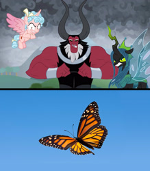 Size: 2912x3328 | Tagged: safe, edit, edited screencap, screencap, character:cozy glow, character:lord tirek, character:queen chrysalis, species:alicorn, species:centaur, species:changeling, species:pony, species:reformed changeling, episode:the ending of the end, g4, my little pony: friendship is magic, alicornified, butterfly, cozycorn, female, filly, irl, male, photo, race swap, ultimate chrysalis