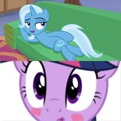 Size: 710x710 | Tagged: safe, edit, screencap, character:trixie, character:twilight sparkle, ship:twixie, episode:on the road to friendship, g4, blushing, draw me like one of your french girls, female, lesbian, shipping, shipping domino