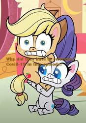 Size: 500x713 | Tagged: safe, edit, edited screencap, screencap, character:applejack, character:rarity, species:earth pony, species:pony, species:unicorn, episode:sick day, g4.5, my little pony: pony life, my little pony:pony life, spoiler:pony life s01e20, carrying, coronavirus, covid-19, female, holding, hug, looking at you, mare, scared