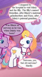 Size: 323x594 | Tagged: safe, edit, edited screencap, screencap, character:daffidazey, character:wysteria, episode:the princess promenade, g3, g4, cropped, cute, diadazey, dialogue, generation leap, glasses, headcanon, implied derpy, implied fizzy, implied minty, implied minty x oc, implied shipping, implied straight, petal parlor, speech bubble